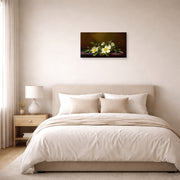 Unframed poster print of Martin Johnson Heade's 'Cherokee Roses on a Purple Cloth' displayed on a wall in a bedroom