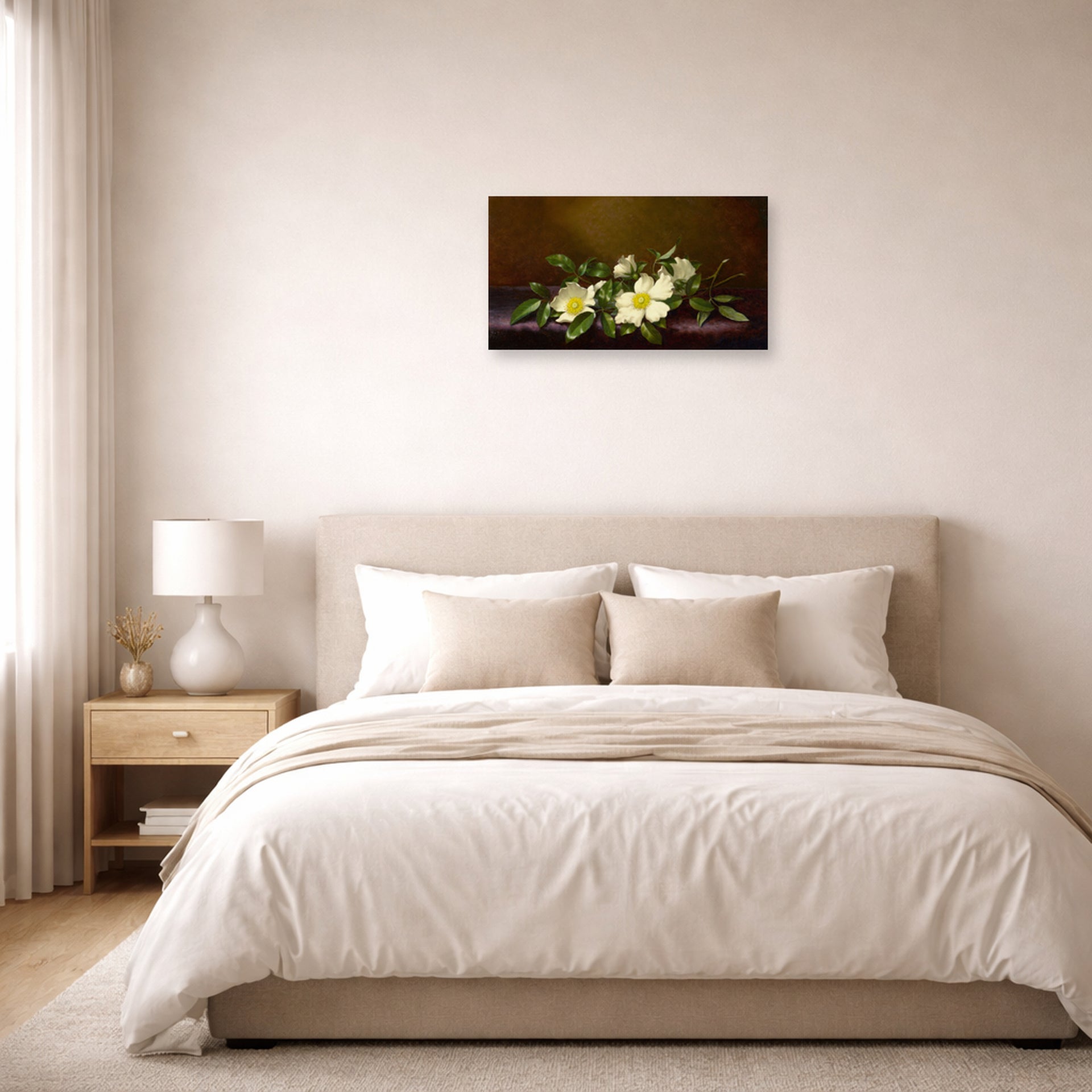 Unframed poster print of Martin Johnson Heade's 'Cherokee Roses on a Purple Cloth' displayed on a wall in a bedroom