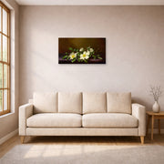 Unframed poster print of Martin Johnson Heade's 'Cherokee Roses on a Purple Cloth' displayed on a wall in a living room