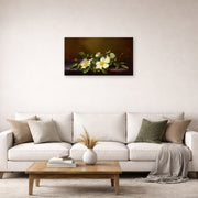 Unframed poster print of Martin Johnson Heade's 'Cherokee Roses on a Purple Cloth' displayed on a wall in a living room