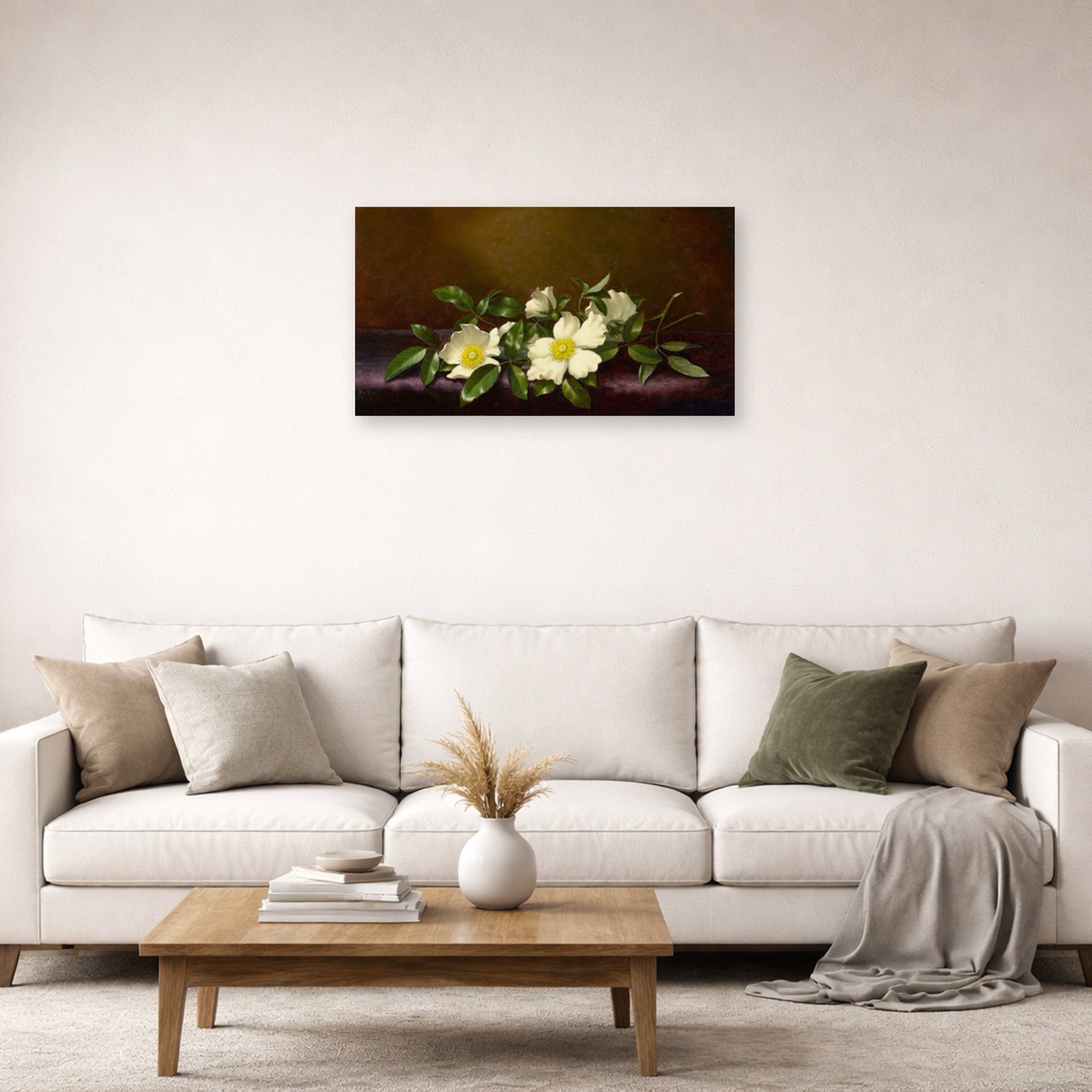 Unframed poster print of Martin Johnson Heade's 'Cherokee Roses on a Purple Cloth' displayed on a wall in a living room