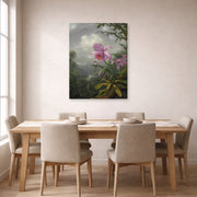 Gallery-wrapped canvas print of Martin Johnson Heade's 'Hummingbird Perched on the Orchid Plant' displayed on a wall in a dining room