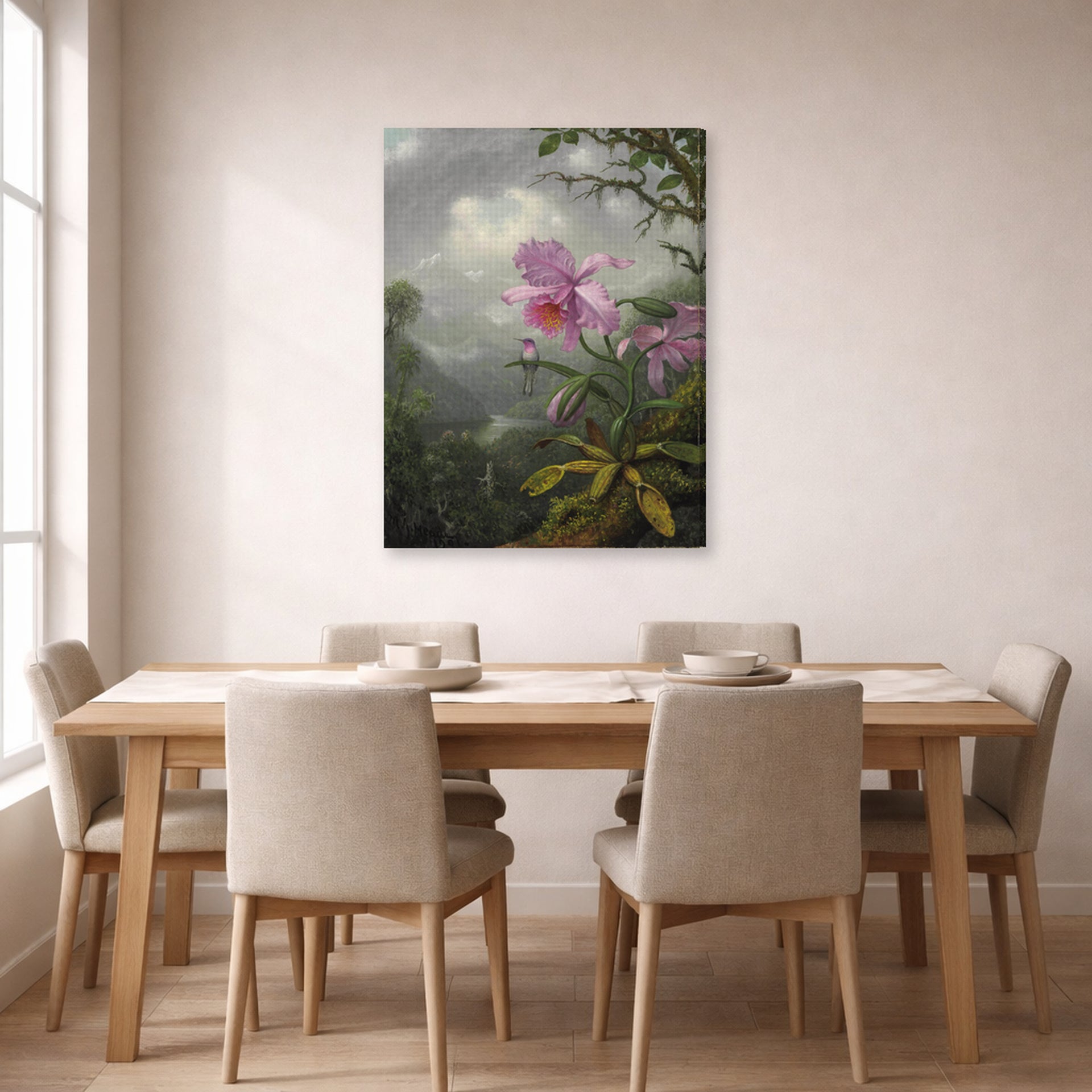 Gallery-wrapped canvas print of Martin Johnson Heade's 'Hummingbird Perched on the Orchid Plant' displayed on a wall in a dining room