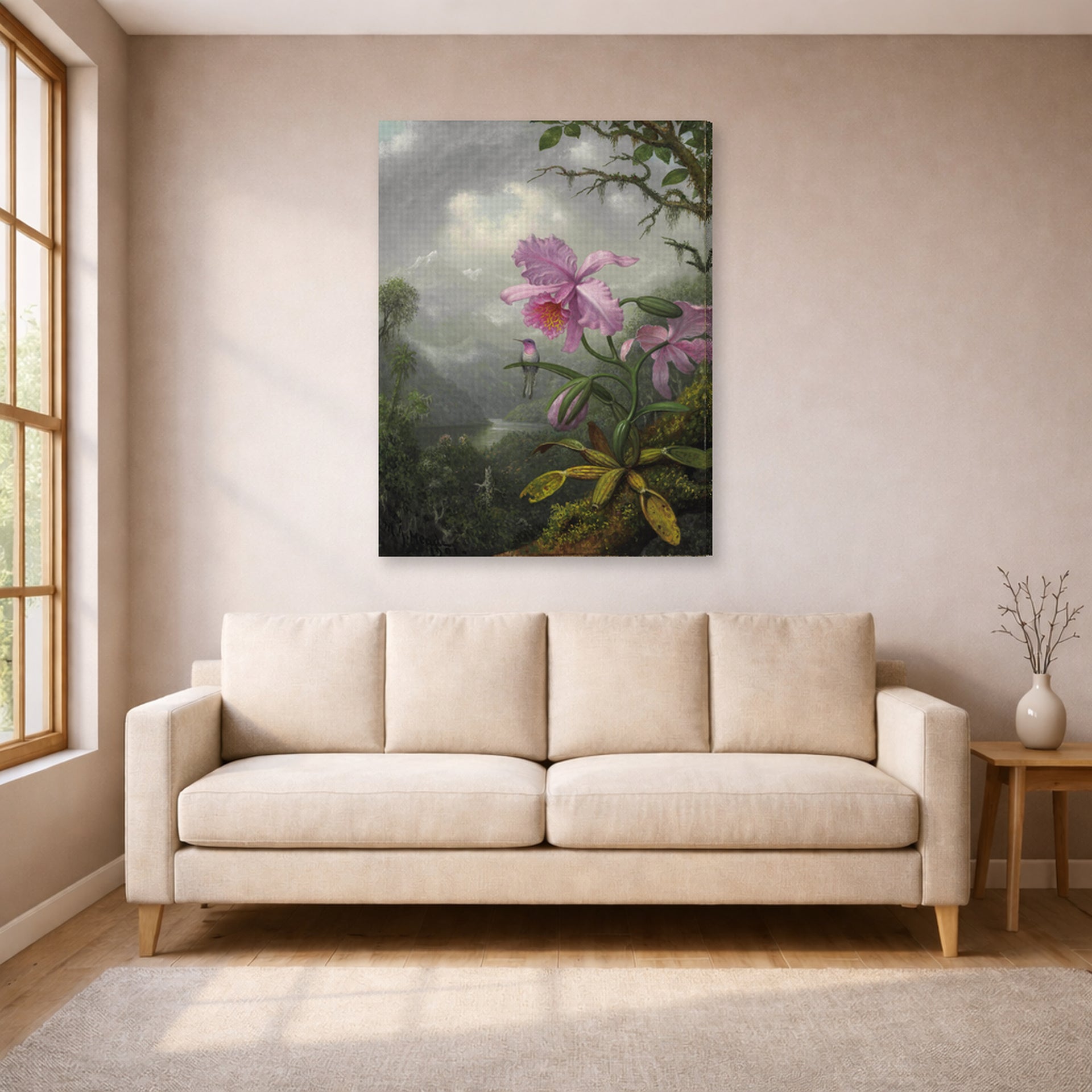Gallery-wrapped canvas print of Martin Johnson Heade's 'Hummingbird Perched on the Orchid Plant' displayed on a wall in a living room