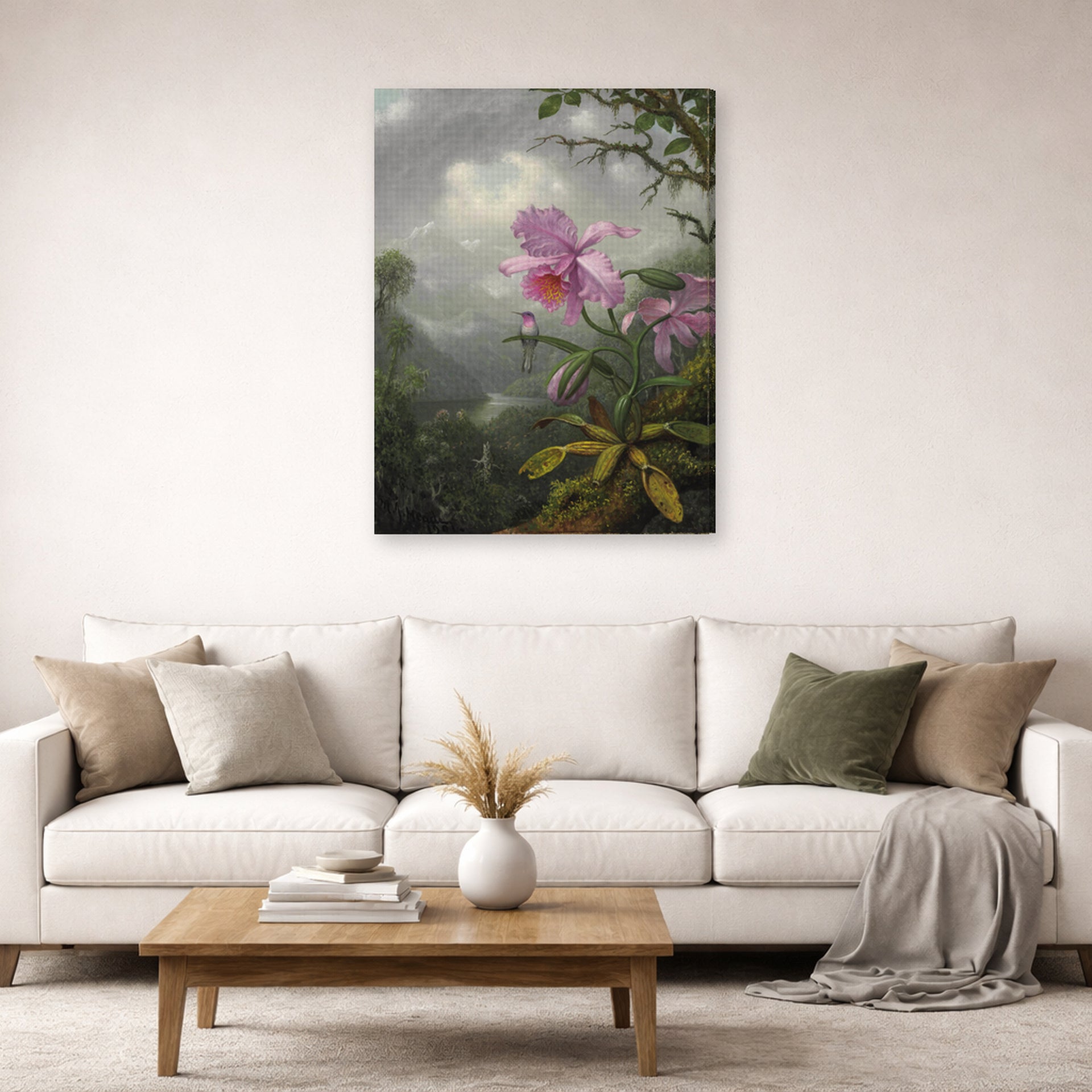 Gallery-wrapped canvas print of Martin Johnson Heade's 'Hummingbird Perched on the Orchid Plant' displayed on a wall in a living room