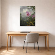 Gallery-wrapped canvas print of Martin Johnson Heade's 'Hummingbird Perched on the Orchid Plant' displayed on a wall in a office
