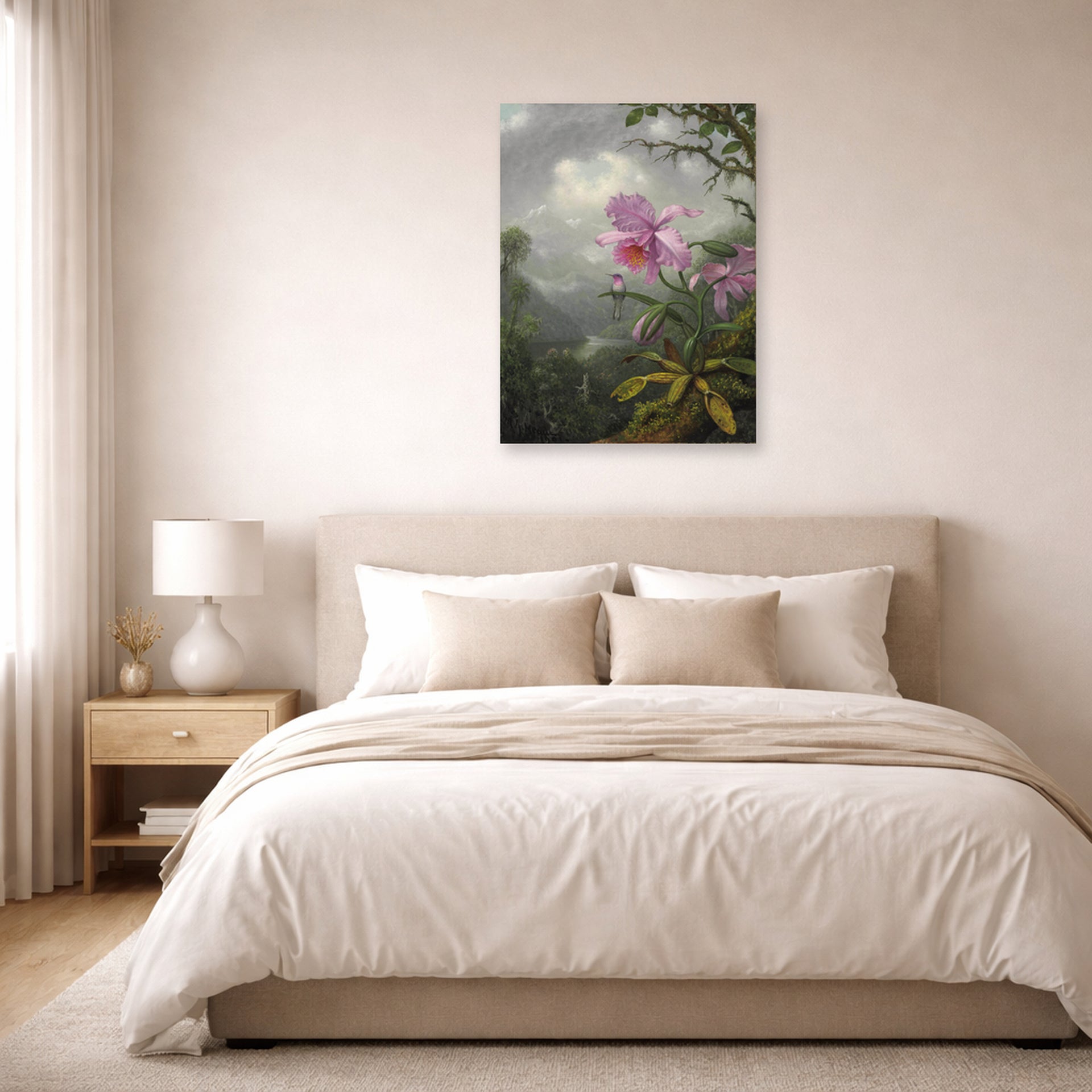 Unframed poster print of Martin Johnson Heade's 'Hummingbird Perched on the Orchid Plant' displayed on a wall in a bedroom