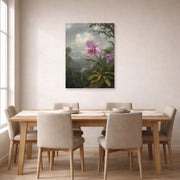 Unframed poster print of Martin Johnson Heade's 'Hummingbird Perched on the Orchid Plant' displayed on a wall in a dining room