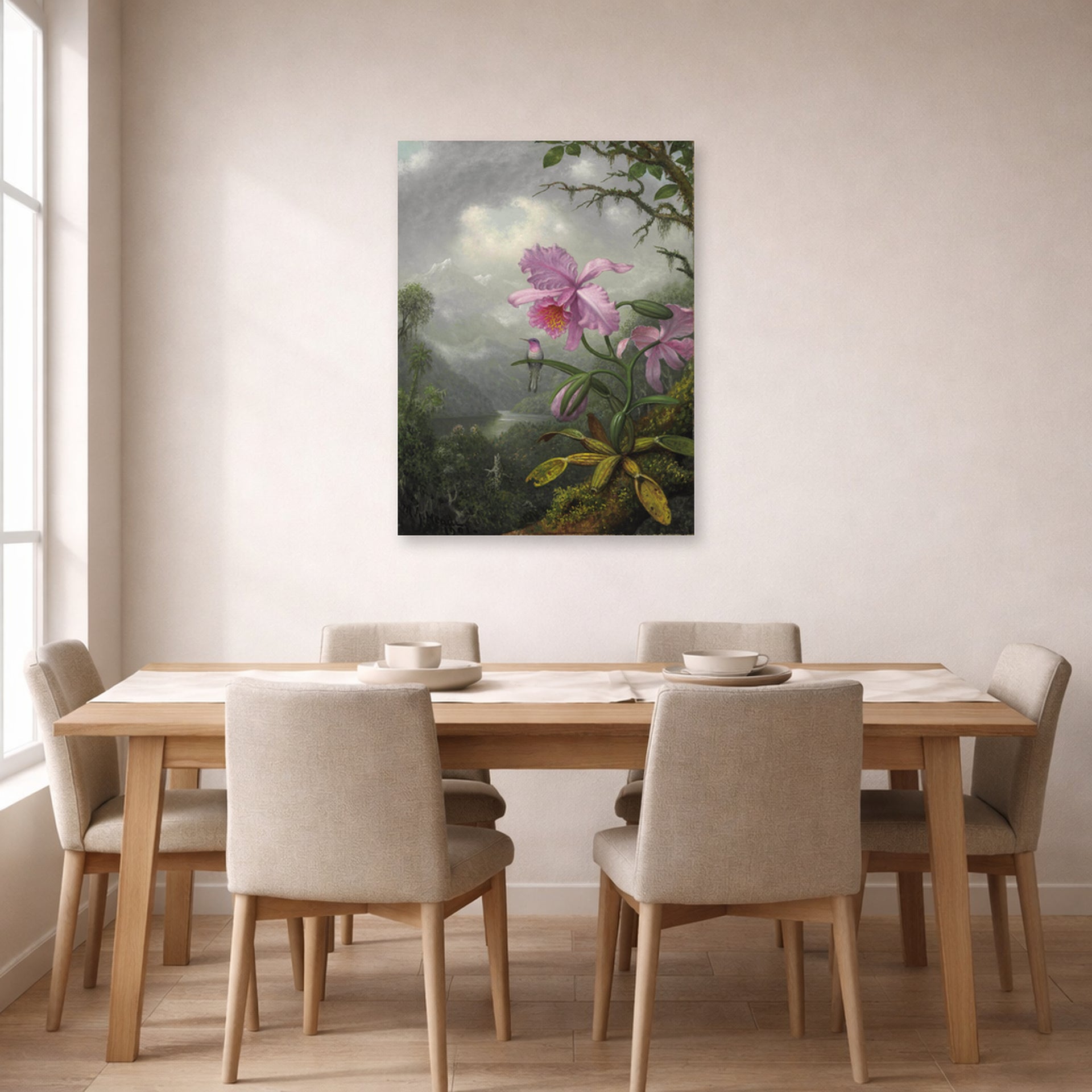 Unframed poster print of Martin Johnson Heade's 'Hummingbird Perched on the Orchid Plant' displayed on a wall in a dining room