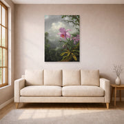 Unframed poster print of Martin Johnson Heade's 'Hummingbird Perched on the Orchid Plant' displayed on a wall in a living room