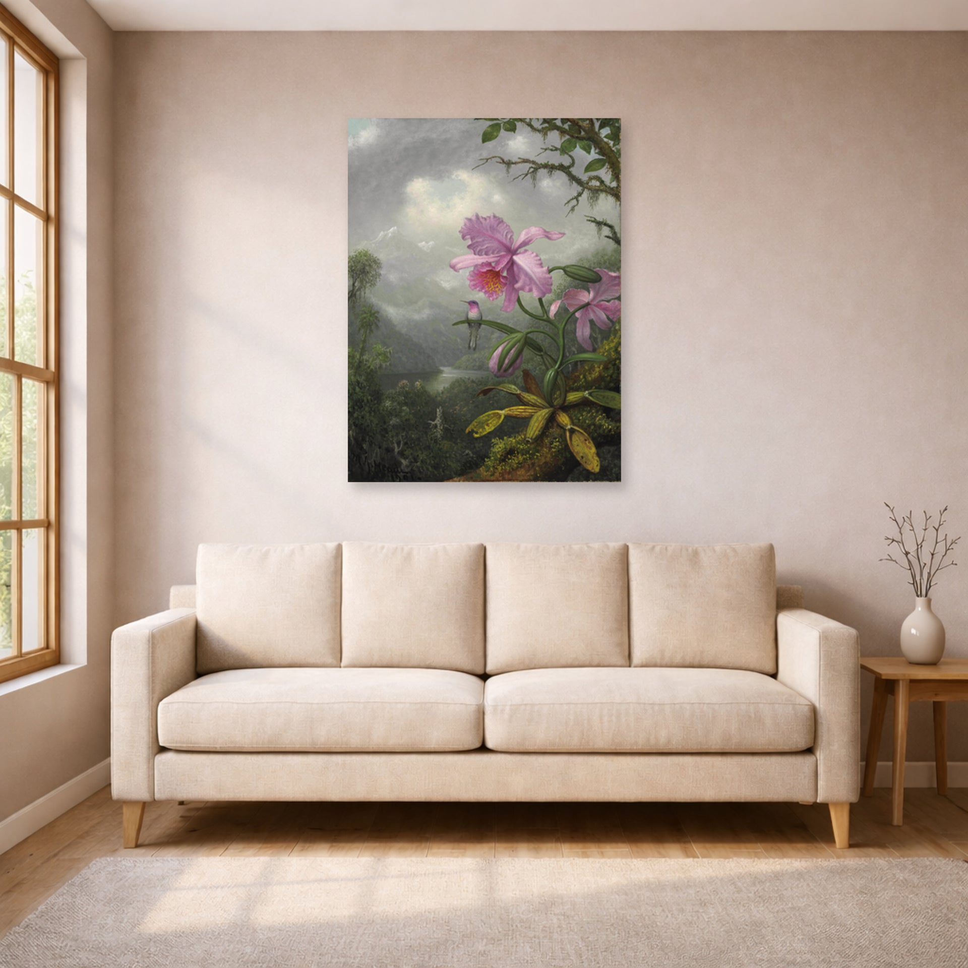 Unframed poster print of Martin Johnson Heade's 'Hummingbird Perched on the Orchid Plant' displayed on a wall in a living room