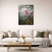 Unframed poster print of Martin Johnson Heade's 'Hummingbird Perched on the Orchid Plant' displayed on a wall in a living room