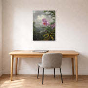Unframed poster print of Martin Johnson Heade's 'Hummingbird Perched on the Orchid Plant' displayed on a wall in a office