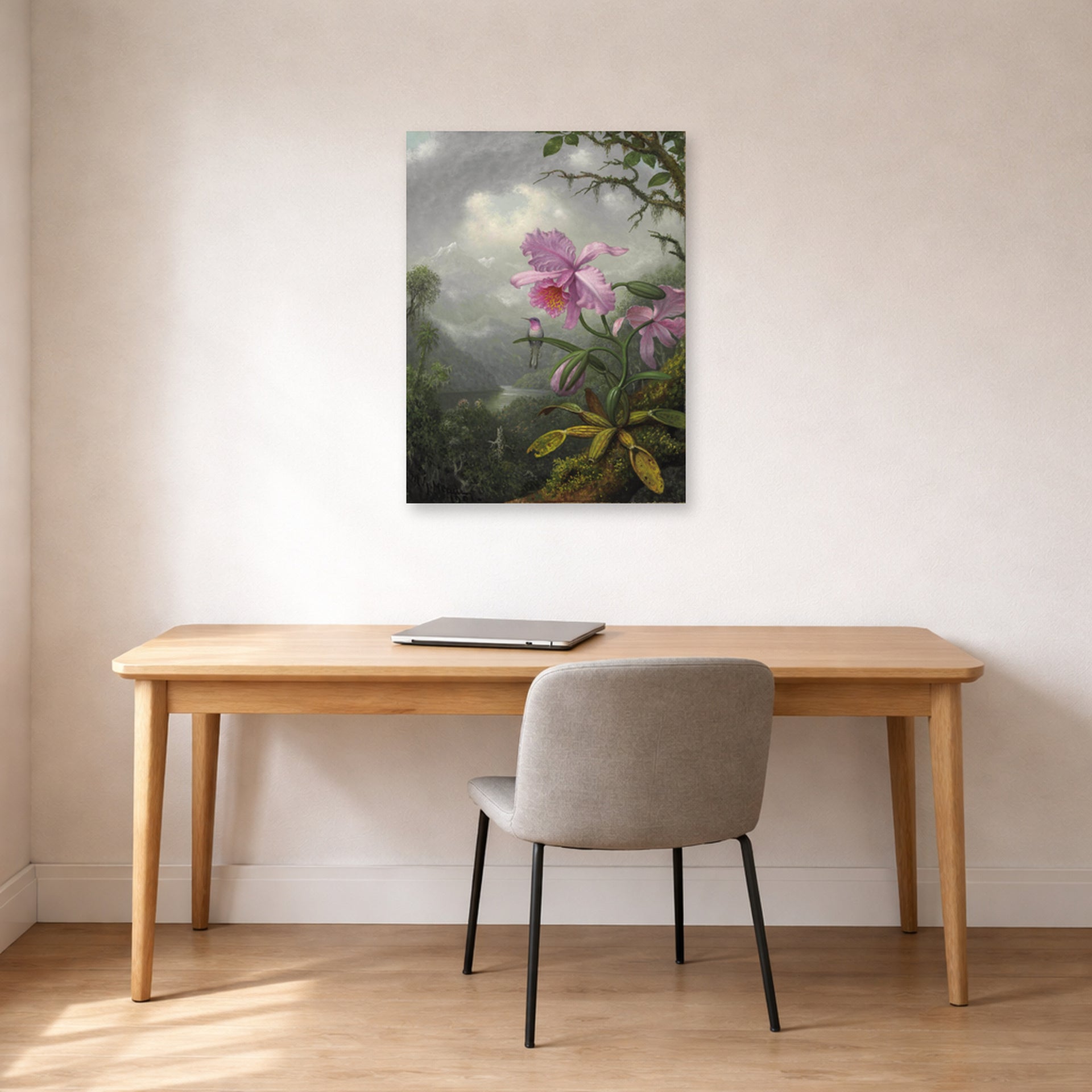 Unframed poster print of Martin Johnson Heade's 'Hummingbird Perched on the Orchid Plant' displayed on a wall in a office