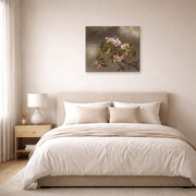 Gallery-wrapped canvas print of Martin Johnson Heade's 'Hummingbird and Apple Blossoms' displayed on a wall in a bedroom