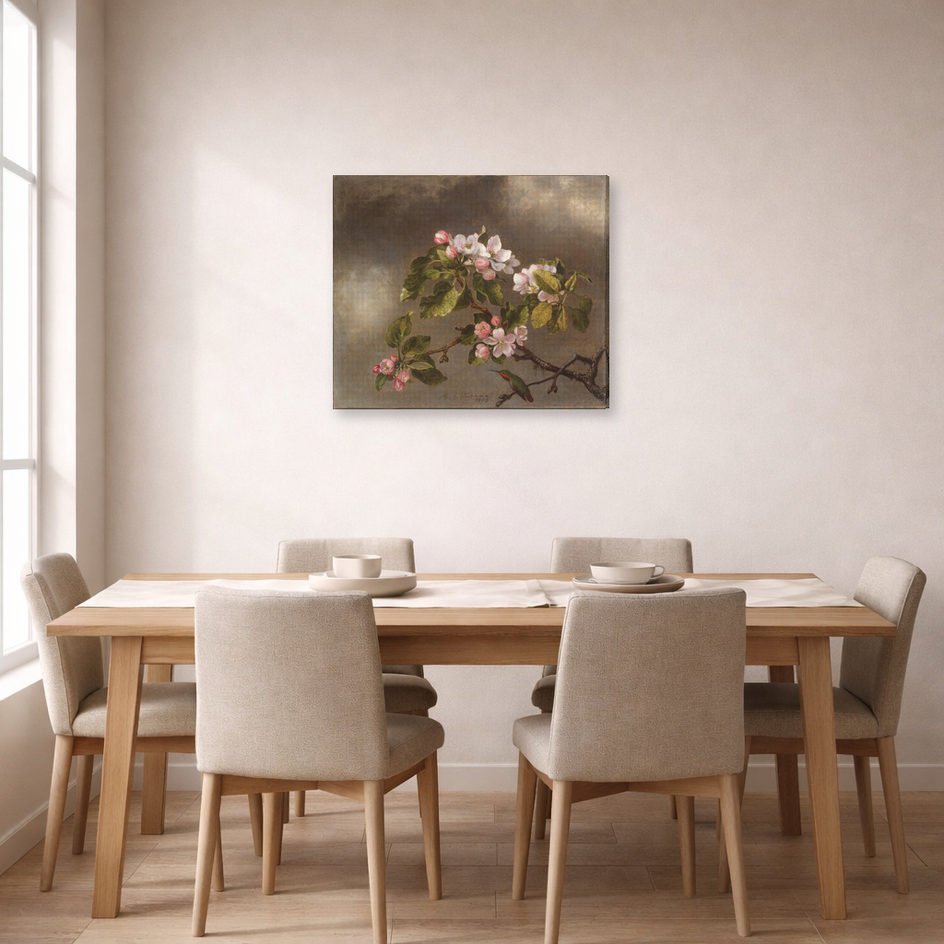 Gallery-wrapped canvas print of Martin Johnson Heade's 'Hummingbird and Apple Blossoms' displayed on a wall in a dining room