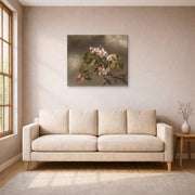 Gallery-wrapped canvas print of Martin Johnson Heade's 'Hummingbird and Apple Blossoms' displayed on a wall in a living room