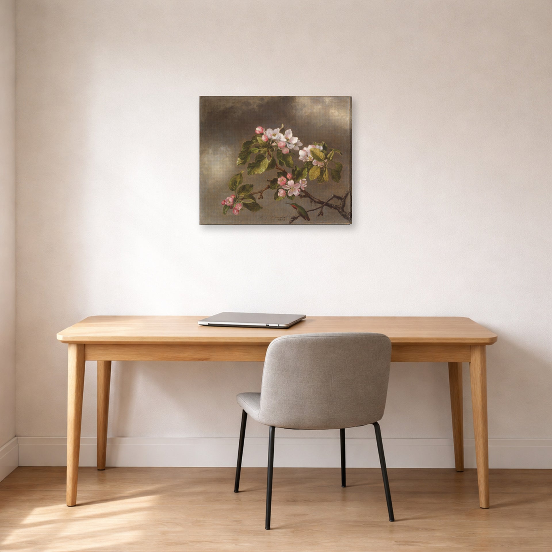 Gallery-wrapped canvas print of Martin Johnson Heade's 'Hummingbird and Apple Blossoms' displayed on a wall in a office