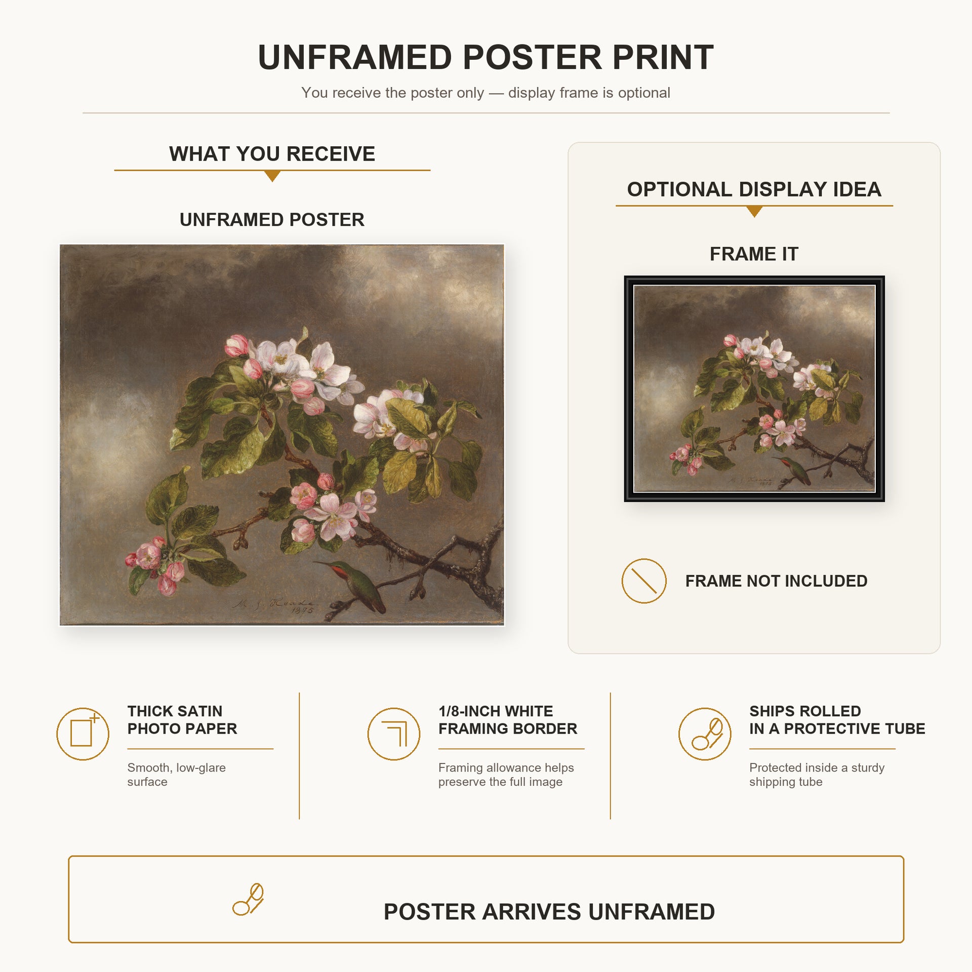 Martin Johnson Heade - Hummingbird and Apple Blossoms poster print size comparison and framing display infographic