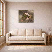 Unframed poster print of Martin Johnson Heade's 'Hummingbird and Apple Blossoms' displayed on a wall in a living room