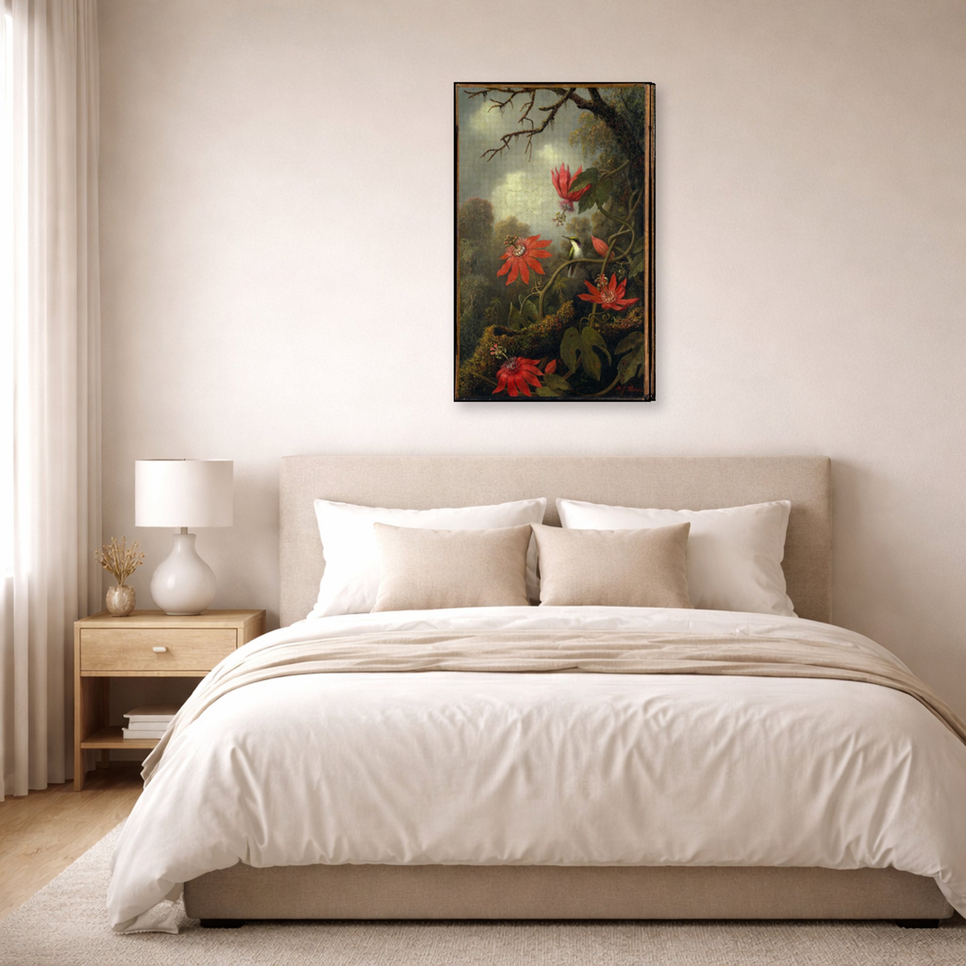 Gallery-wrapped canvas print of Martin Johnson Heade's 'Hummingbird and Passionflowers' displayed on a wall in a bedroom