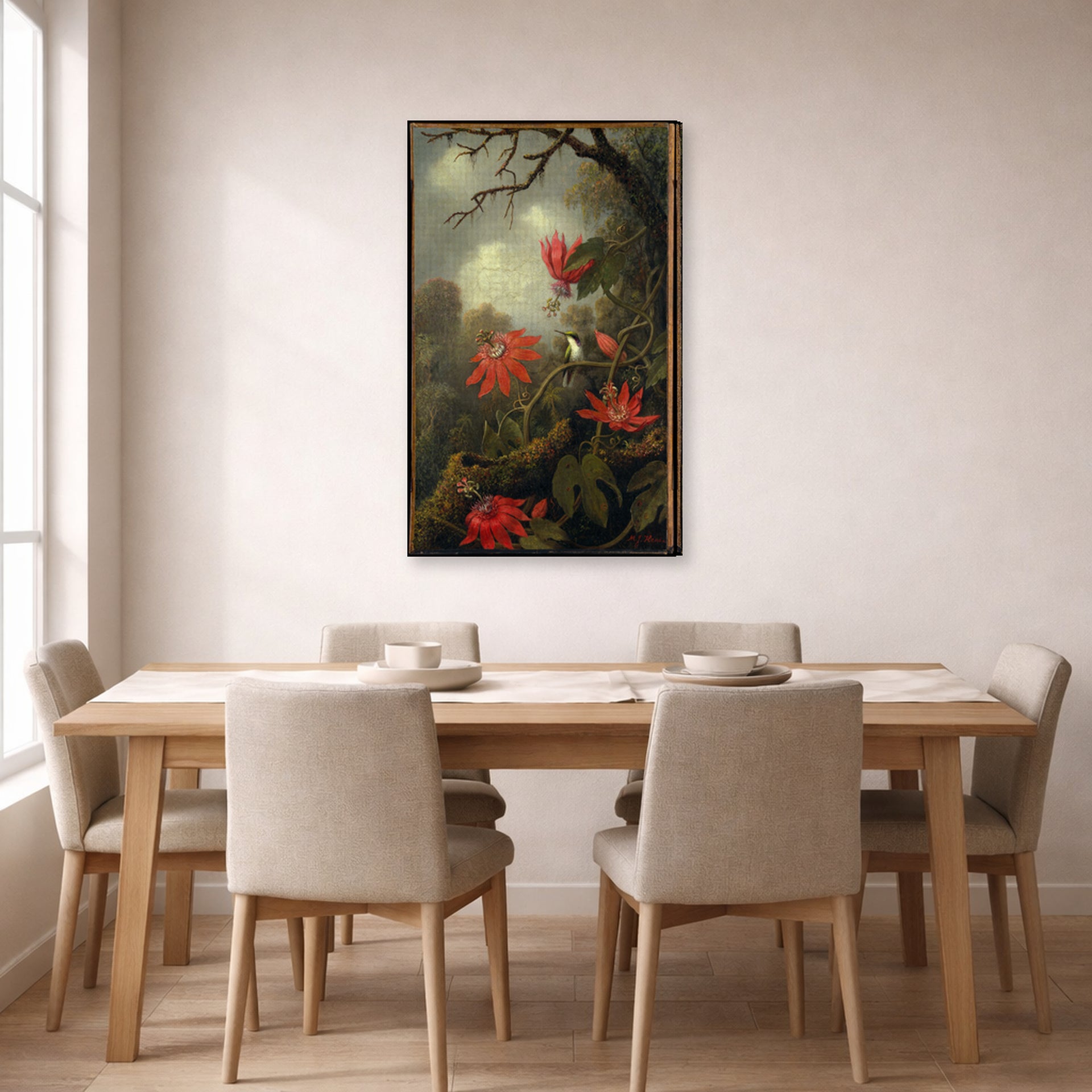 Gallery-wrapped canvas print of Martin Johnson Heade's 'Hummingbird and Passionflowers' displayed on a wall in a dining room