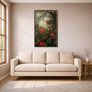 Gallery-wrapped canvas print of Martin Johnson Heade's 'Hummingbird and Passionflowers' displayed on a wall in a living room