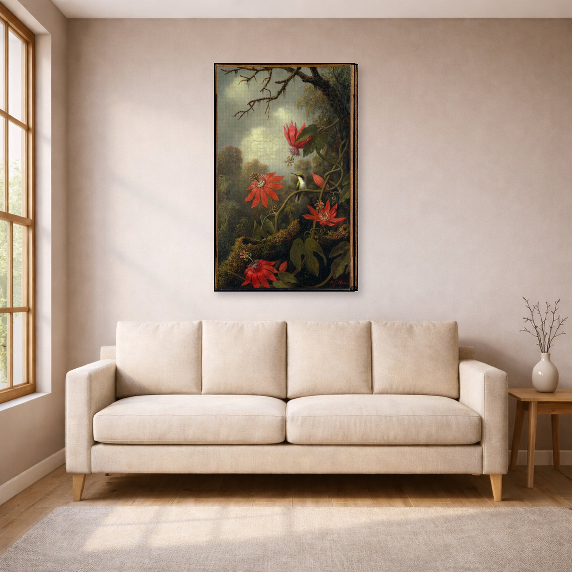 Gallery-wrapped canvas print of Martin Johnson Heade's 'Hummingbird and Passionflowers' displayed on a wall in a living room