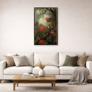 Gallery-wrapped canvas print of Martin Johnson Heade's 'Hummingbird and Passionflowers' displayed on a wall in a living room