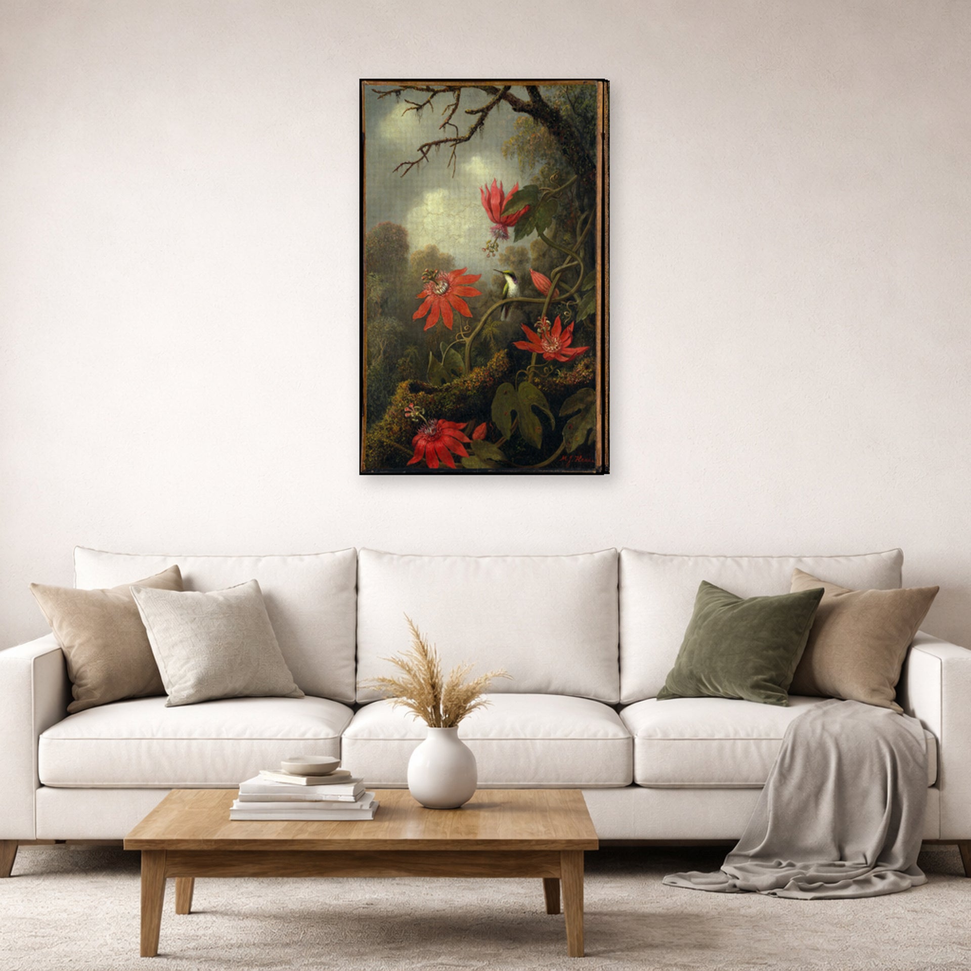 Gallery-wrapped canvas print of Martin Johnson Heade's 'Hummingbird and Passionflowers' displayed on a wall in a living room