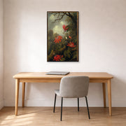 Gallery-wrapped canvas print of Martin Johnson Heade's 'Hummingbird and Passionflowers' displayed on a wall in a office