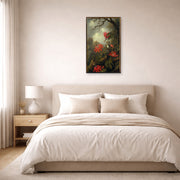 Unframed poster print of Martin Johnson Heade's 'Hummingbird and Passionflowers' displayed on a wall in a bedroom