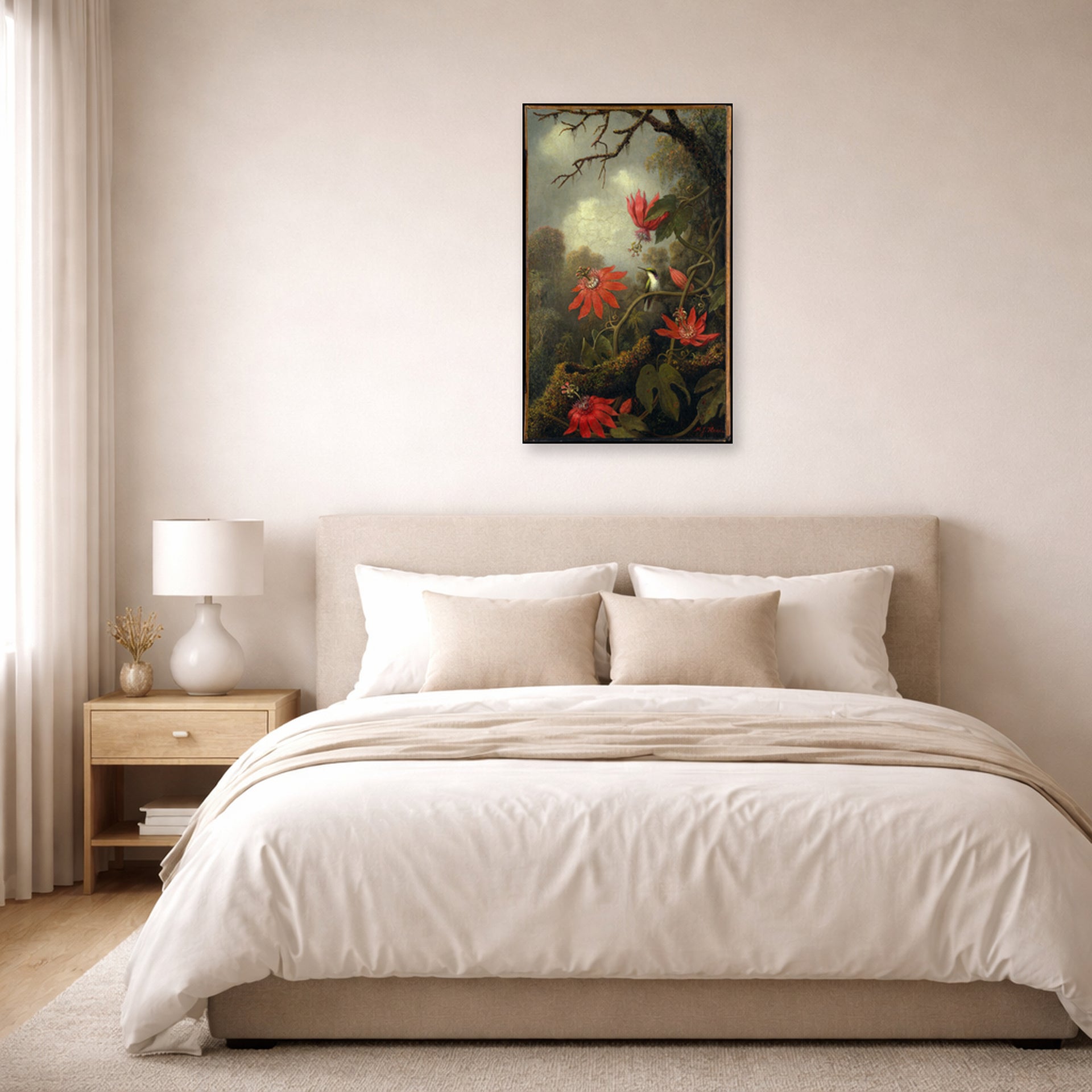 Unframed poster print of Martin Johnson Heade's 'Hummingbird and Passionflowers' displayed on a wall in a bedroom