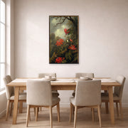 Unframed poster print of Martin Johnson Heade's 'Hummingbird and Passionflowers' displayed on a wall in a dining room