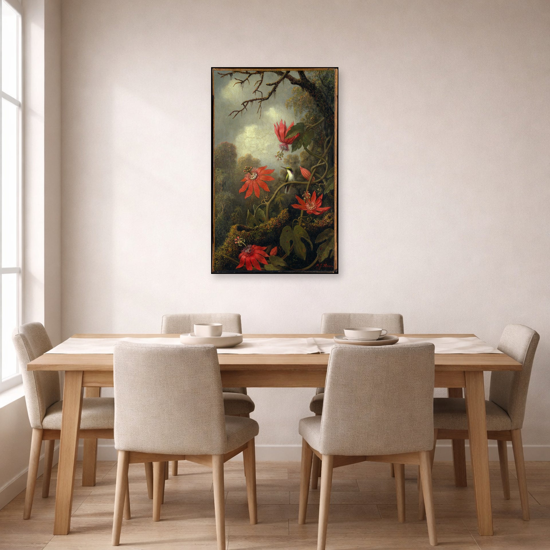 Unframed poster print of Martin Johnson Heade's 'Hummingbird and Passionflowers' displayed on a wall in a dining room