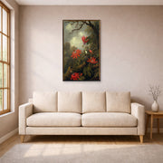 Unframed poster print of Martin Johnson Heade's 'Hummingbird and Passionflowers' displayed on a wall in a living room