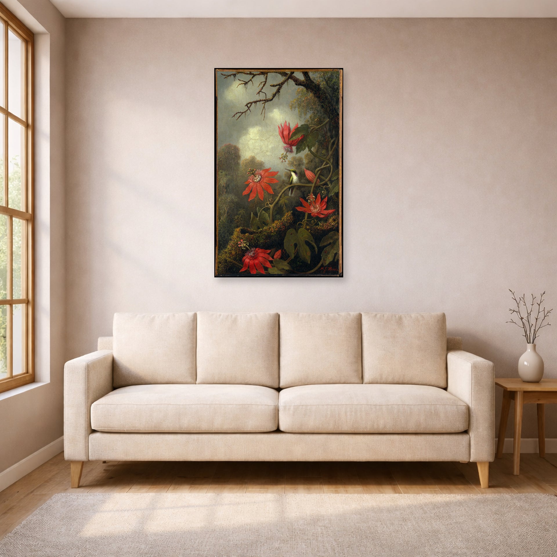 Unframed poster print of Martin Johnson Heade's 'Hummingbird and Passionflowers' displayed on a wall in a living room