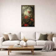 Unframed poster print of Martin Johnson Heade's 'Hummingbird and Passionflowers' displayed on a wall in a living room