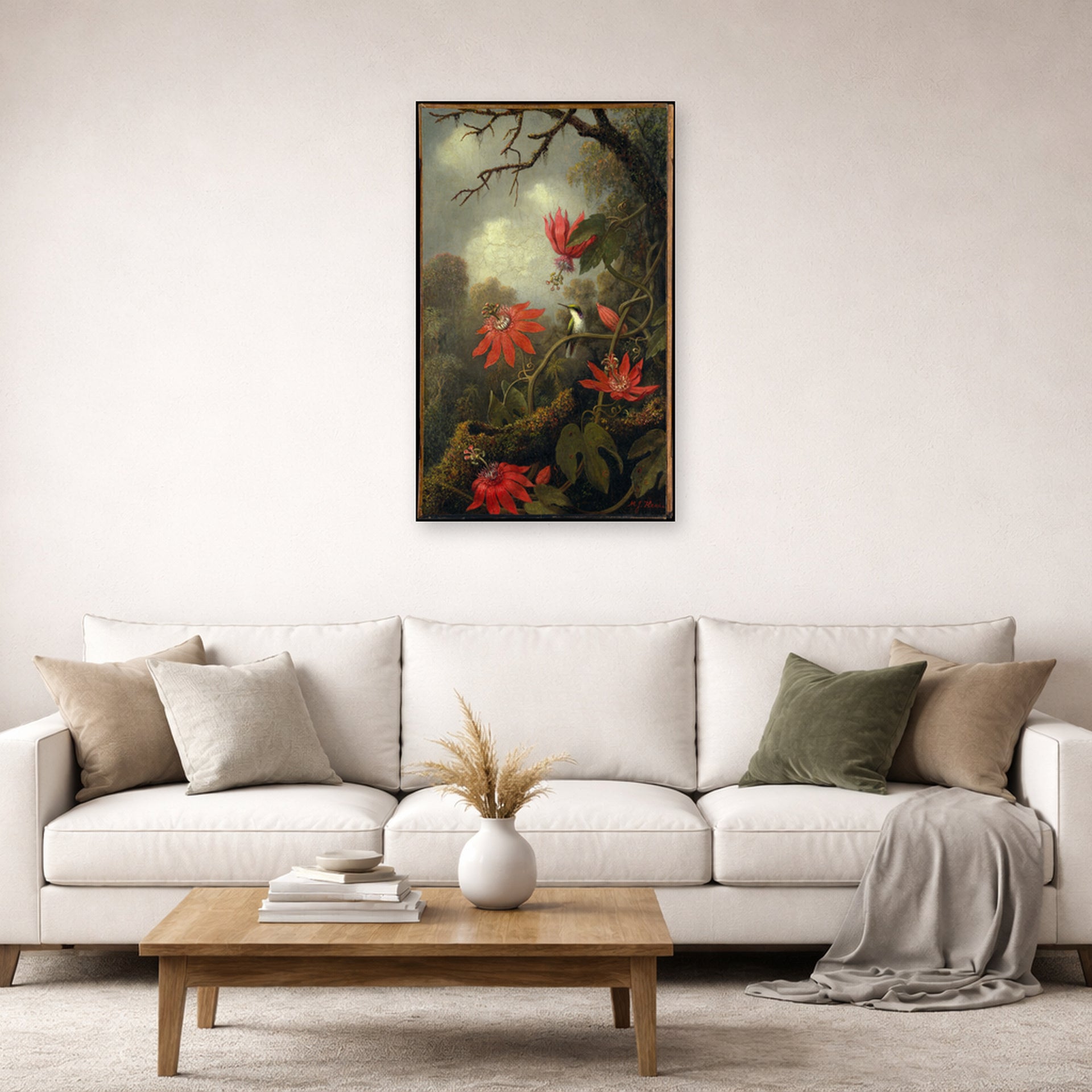 Unframed poster print of Martin Johnson Heade's 'Hummingbird and Passionflowers' displayed on a wall in a living room