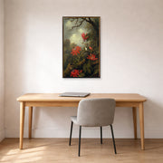 Unframed poster print of Martin Johnson Heade's 'Hummingbird and Passionflowers' displayed on a wall in a office