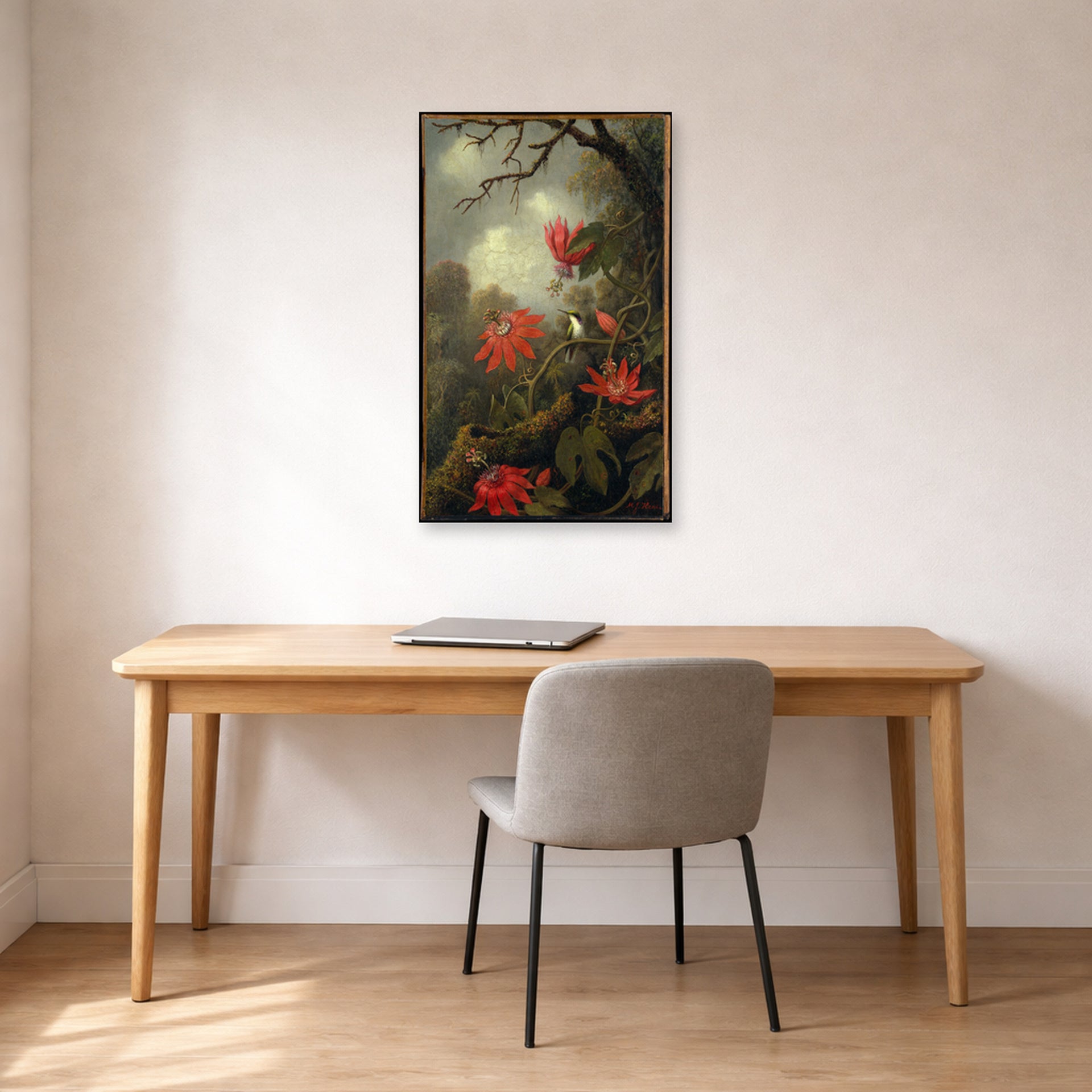 Unframed poster print of Martin Johnson Heade's 'Hummingbird and Passionflowers' displayed on a wall in a office
