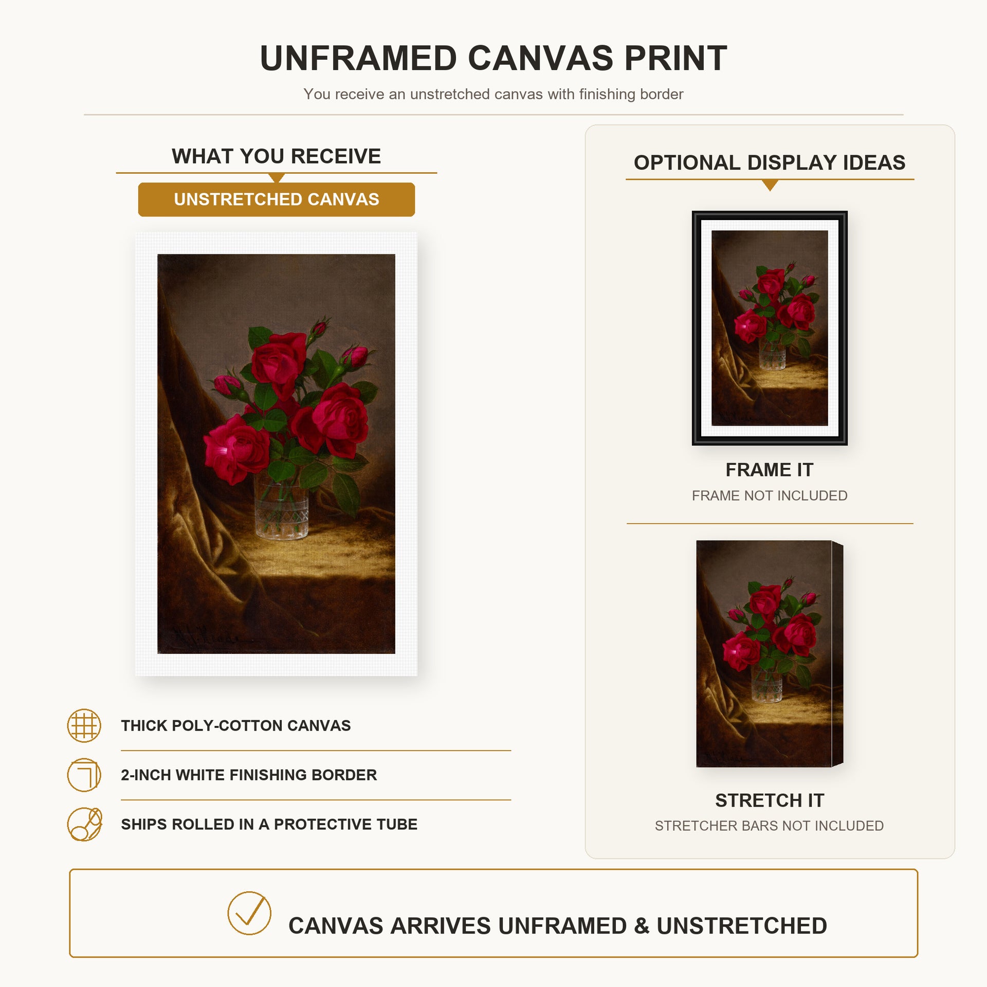 Martin Johnson Heade - Jacqueminot Roses canvas print size comparison and framing display infographic