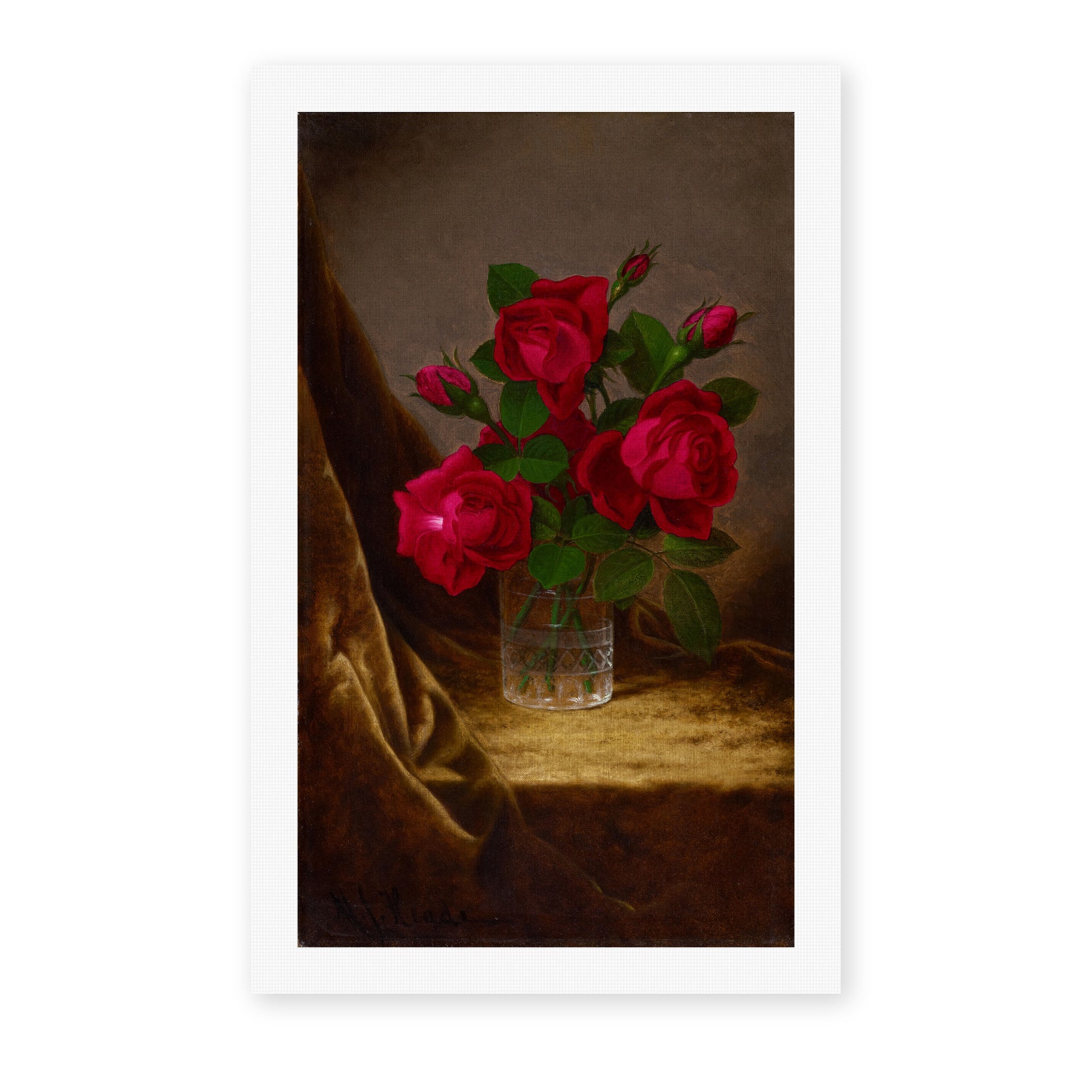 Martin Johnson Heade's 'Jacqueminot Roses' painting reproduced as a rolled canvas print