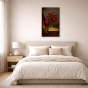 Gallery-wrapped canvas print of Martin Johnson Heade's 'Jacqueminot Roses' displayed on a wall in a bedroom