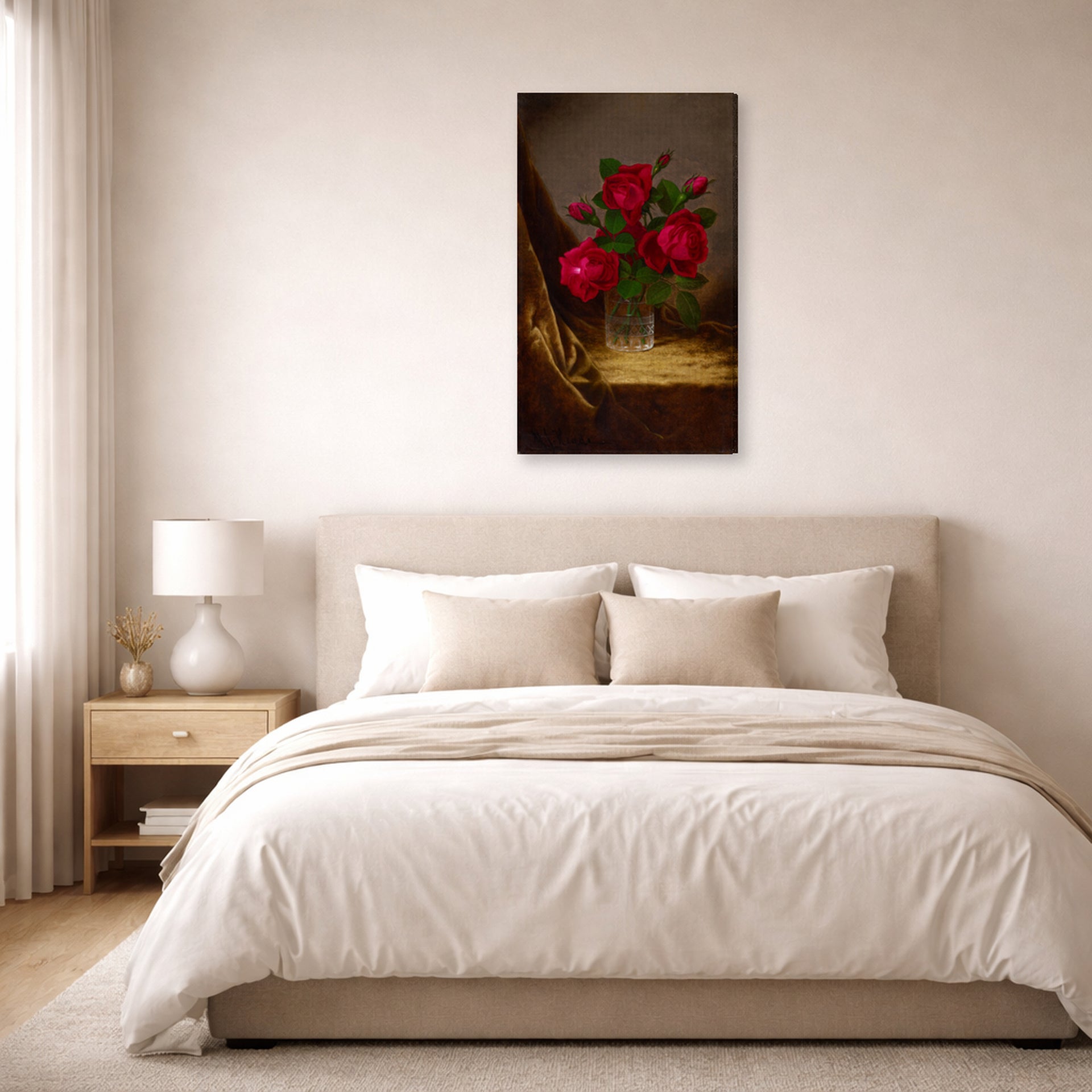Gallery-wrapped canvas print of Martin Johnson Heade's 'Jacqueminot Roses' displayed on a wall in a bedroom
