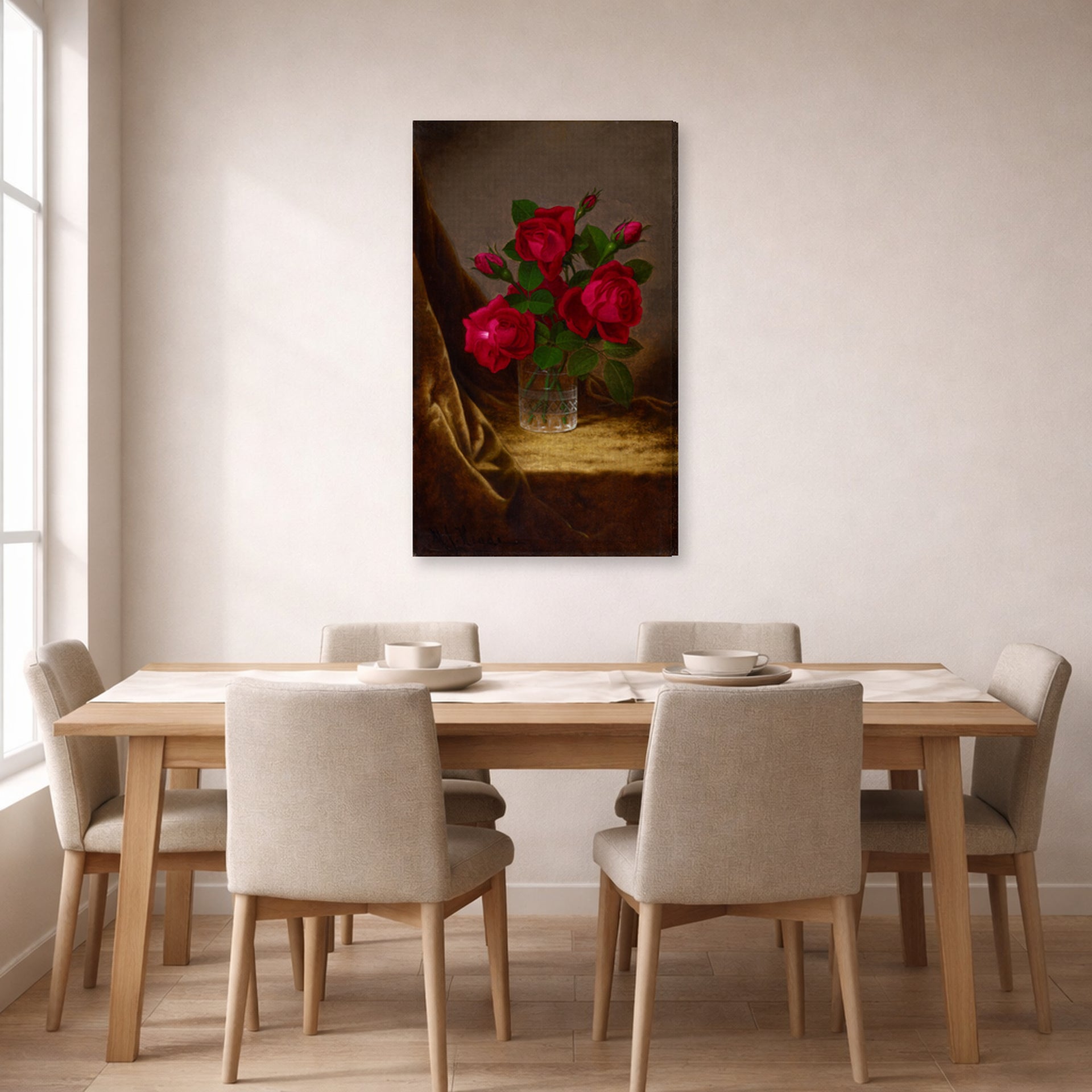 Gallery-wrapped canvas print of Martin Johnson Heade's 'Jacqueminot Roses' displayed on a wall in a dining room