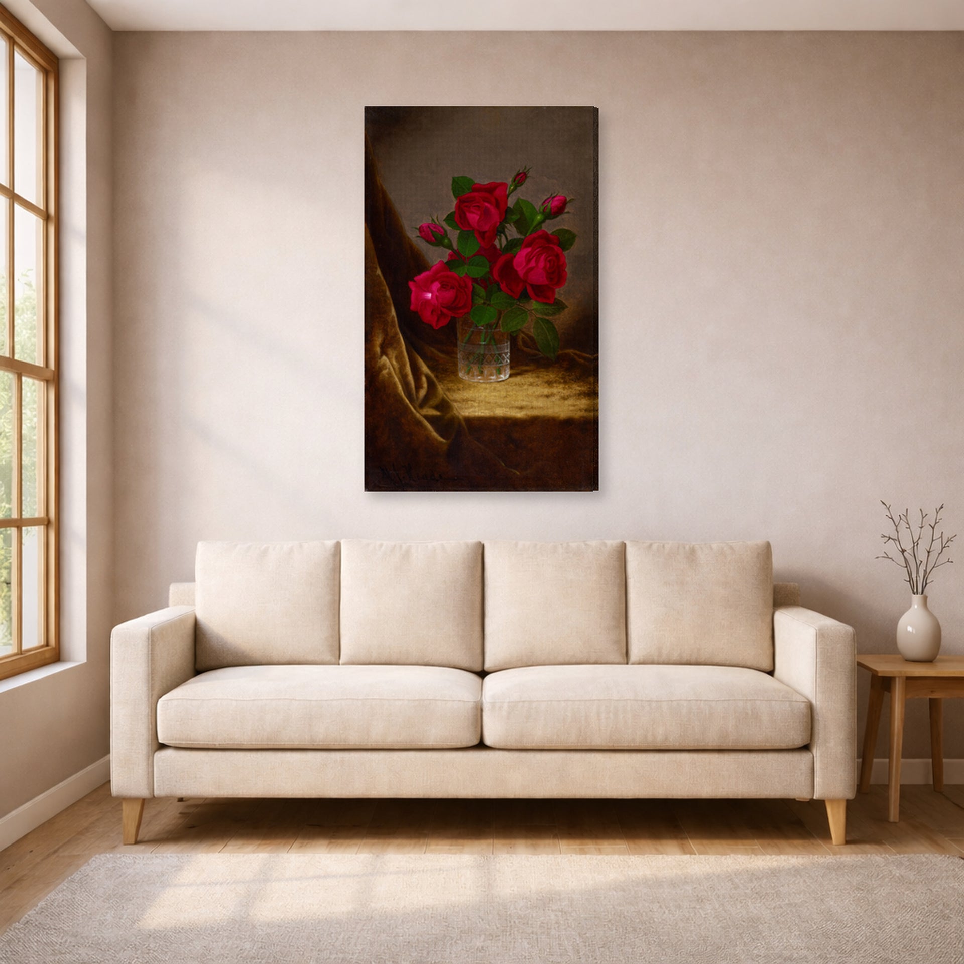 Gallery-wrapped canvas print of Martin Johnson Heade's 'Jacqueminot Roses' displayed on a wall in a living room