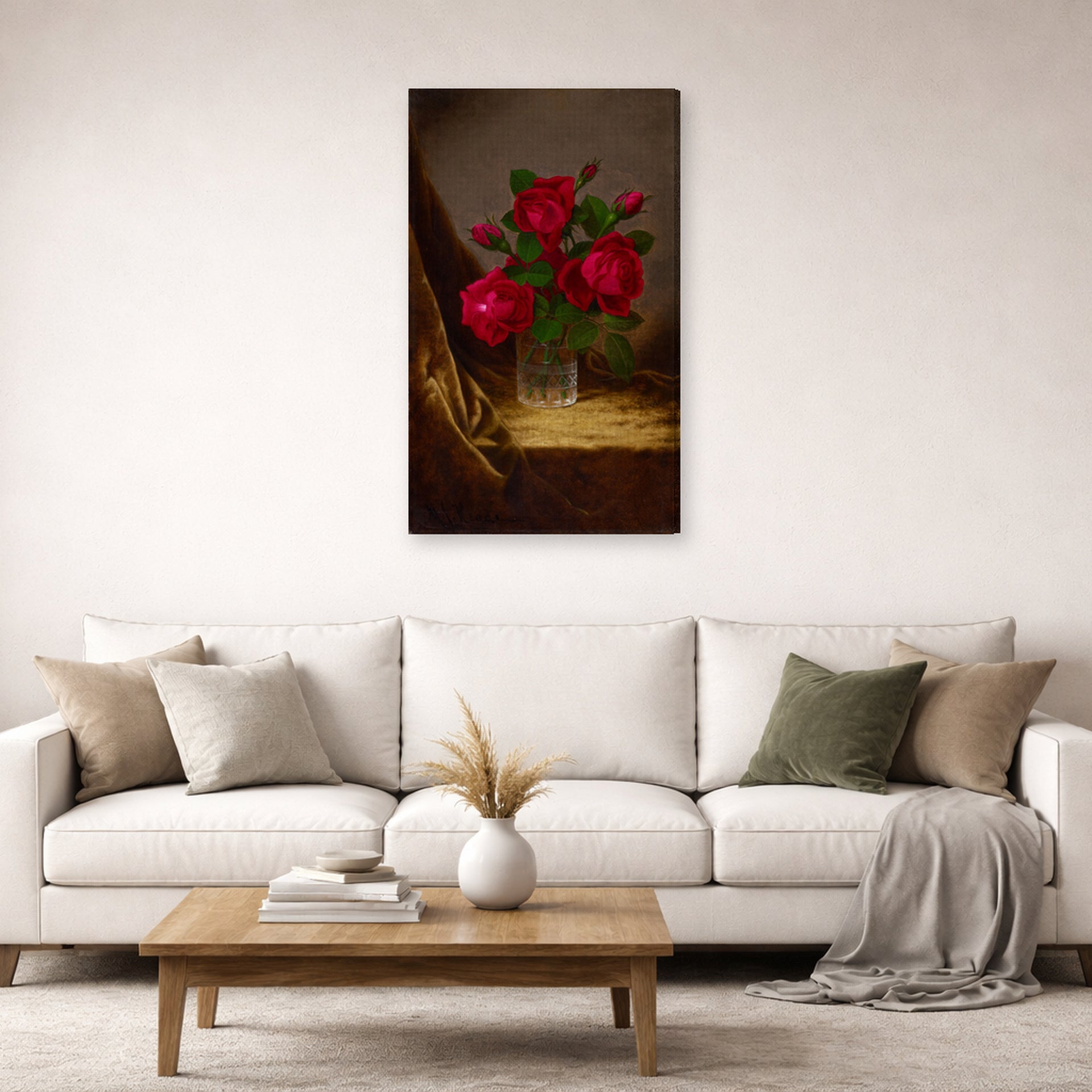 Gallery-wrapped canvas print of Martin Johnson Heade's 'Jacqueminot Roses' displayed on a wall in a living room