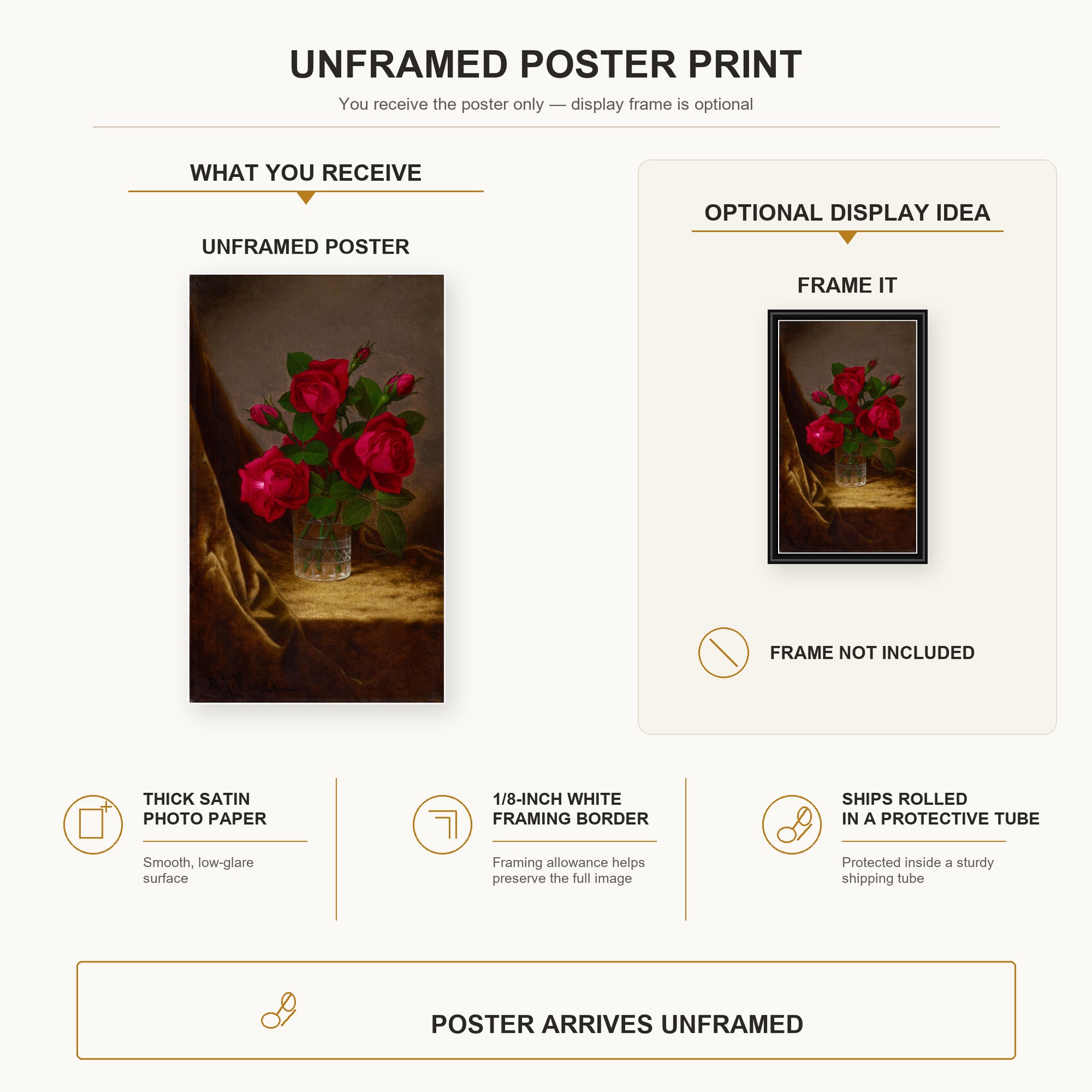 Martin Johnson Heade - Jacqueminot Roses poster print size comparison and framing display infographic