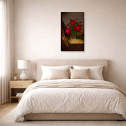 Unframed poster print of Martin Johnson Heade's 'Jacqueminot Roses' displayed on a wall in a bedroom